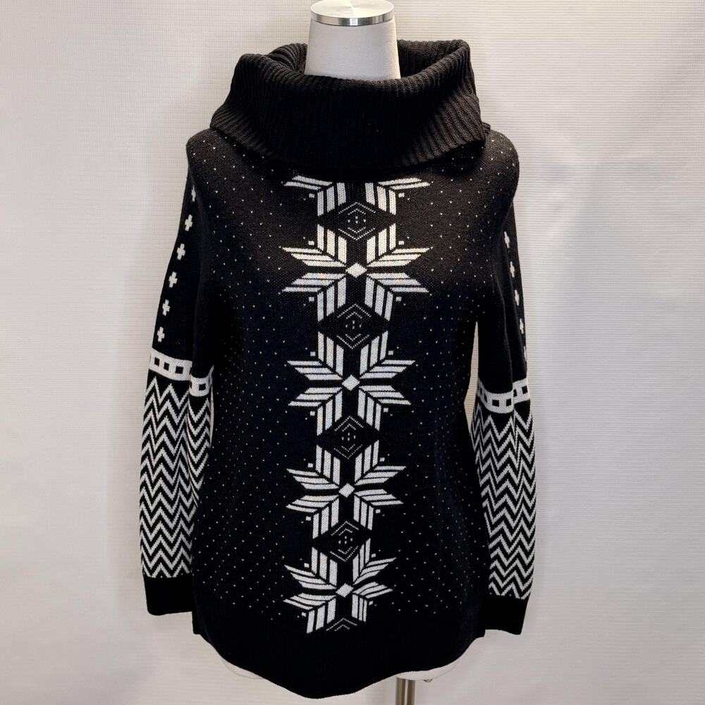 Talbots Sweater Womens MP Black Fair Isle Cowl Neck Lambswool Blend Petite